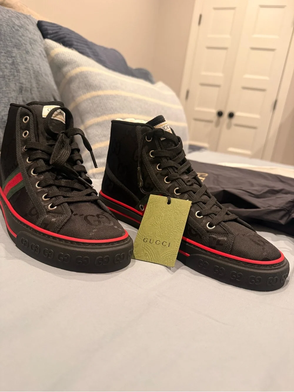 Gucci Black High-Top Sneaker with Red and Green Web Stripe